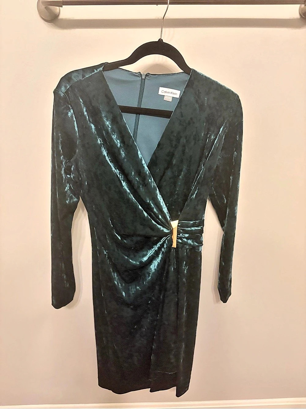 Calvin Klein Velvet Faux-Wrap Long-Sleeve Sheath Dress Green Size 6